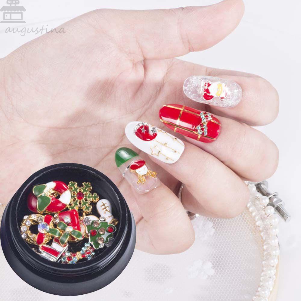 AUGUSTINA Agustinina Natal Dekorasi Kuku Logam Alloy Sock Snowflake Pohon Natal Bell DIY Nail Art Perhiasan