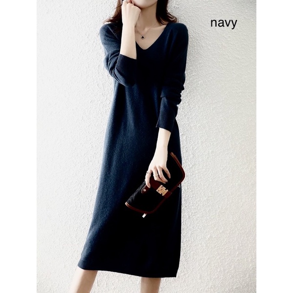 (D109) V neck knit midi loose dress rajut wanita