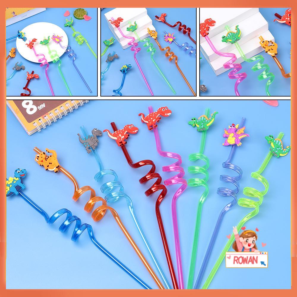 R-FLOWER 8pcs Sedotan Reusable Dinosaurus Desain Berbeda Perlengkapan Pesta Dekorasi Minum Anak Motif Kartun