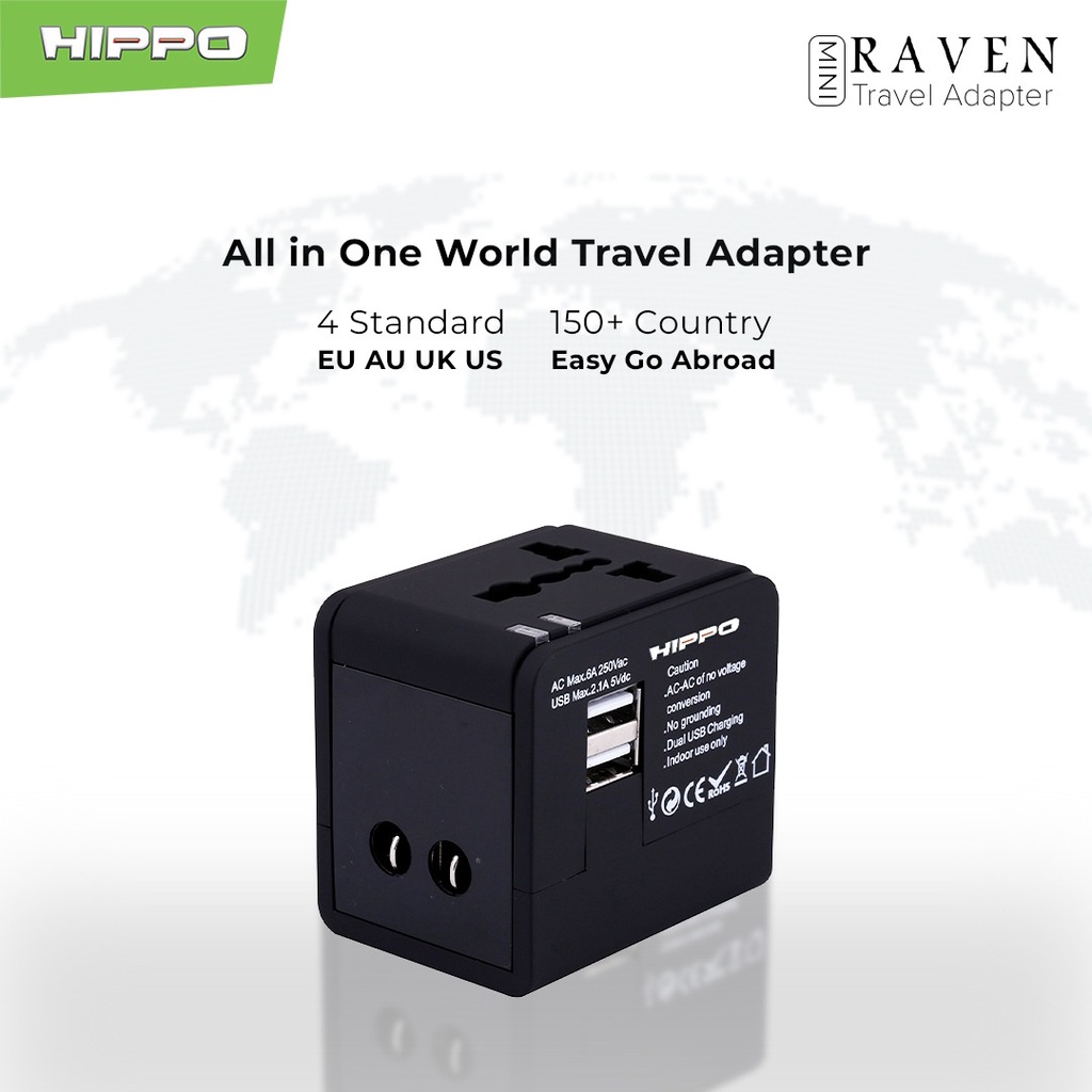 Hippo Travel Adapter Raven Mini (4 USB A + 1 USB C) Black Travel Charger Dual USB 12W (US/AU/EU/UK)