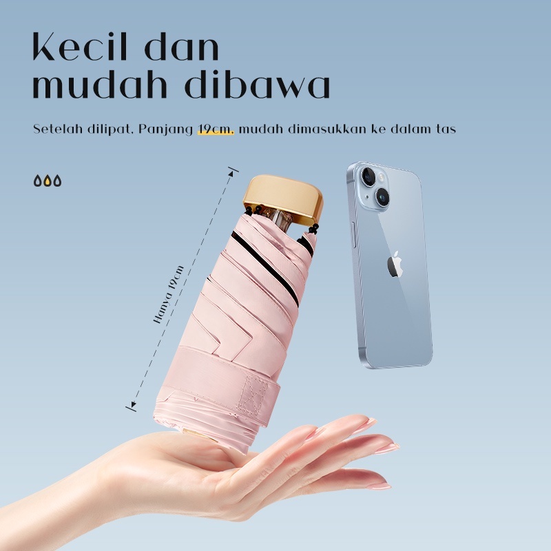 T&amp;Y Payung Lipat Estetik Tabir Surya Hujan atau Panas Payung Lipat Anti UV UPF 50+ Motif Polos Folding Umbrella Ultra Violet Free Pouch
