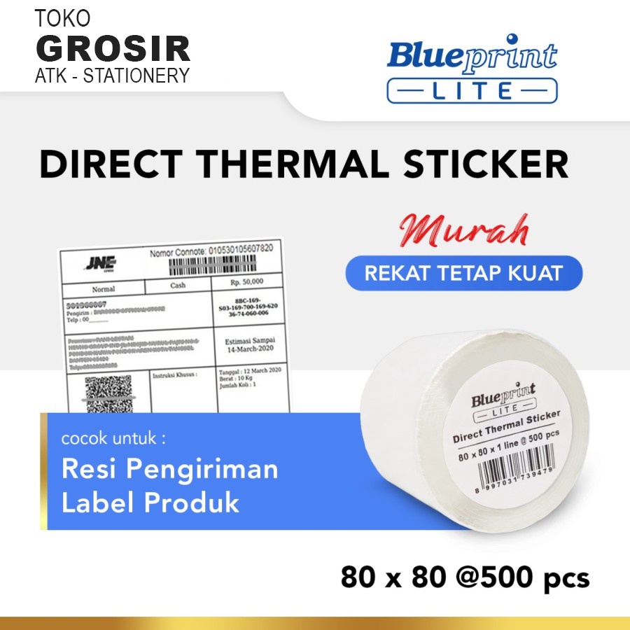 

80x80 Resi Label Pengiriman 80mm Kertas Thermal Sticker Barcode BLUEPRINT Lite500 Stiker Termal < A6 3