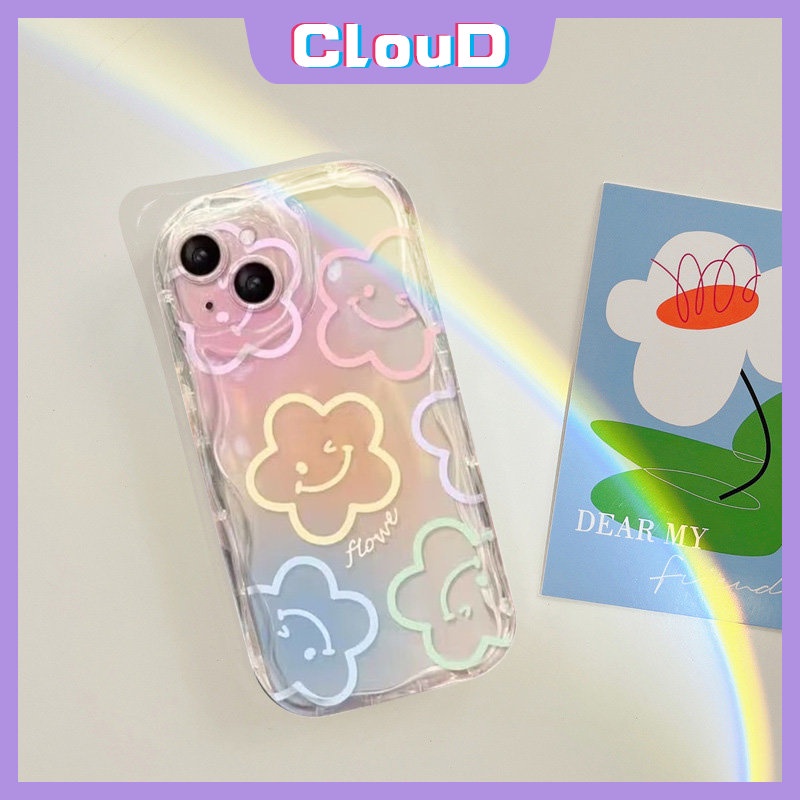 IPHONE Case Tepi Melengkung Bergelombang 3D Kompatibel Untuk Iphone11 13 12 14 Pro Max7 8 6 6s Plus XR X XS Max SE 2020 INS Korea Warna-Warni Graffiti Kartun Smiley Fresh Flowers Holder Bracket Case