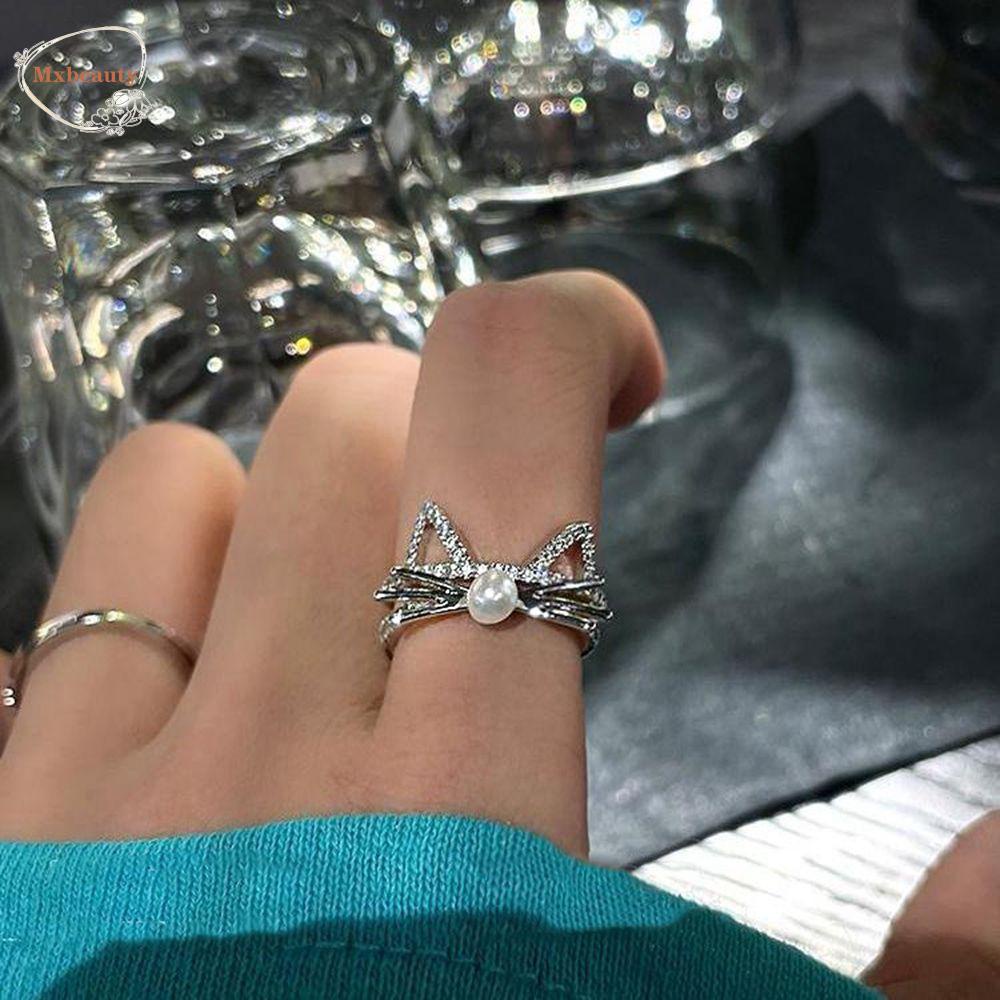 MXBEAUTY Cincin Kucing Kepribadian Lucu Cincin Ekor Berlian Berlian Imitasi Wanita Cincin Jari Perempuan Cincin Terbuka