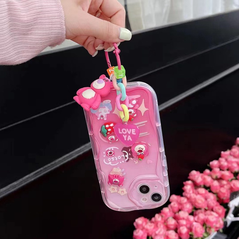 3D Ice Cream Strawberry Bear Lotoso Soft Case IPhone XR XS MAX 11 12 13 14 Pro Max 14 Plus New Apple for Women Girls Gift Bracelet Airbag Case Pink Red Cute Cartoon