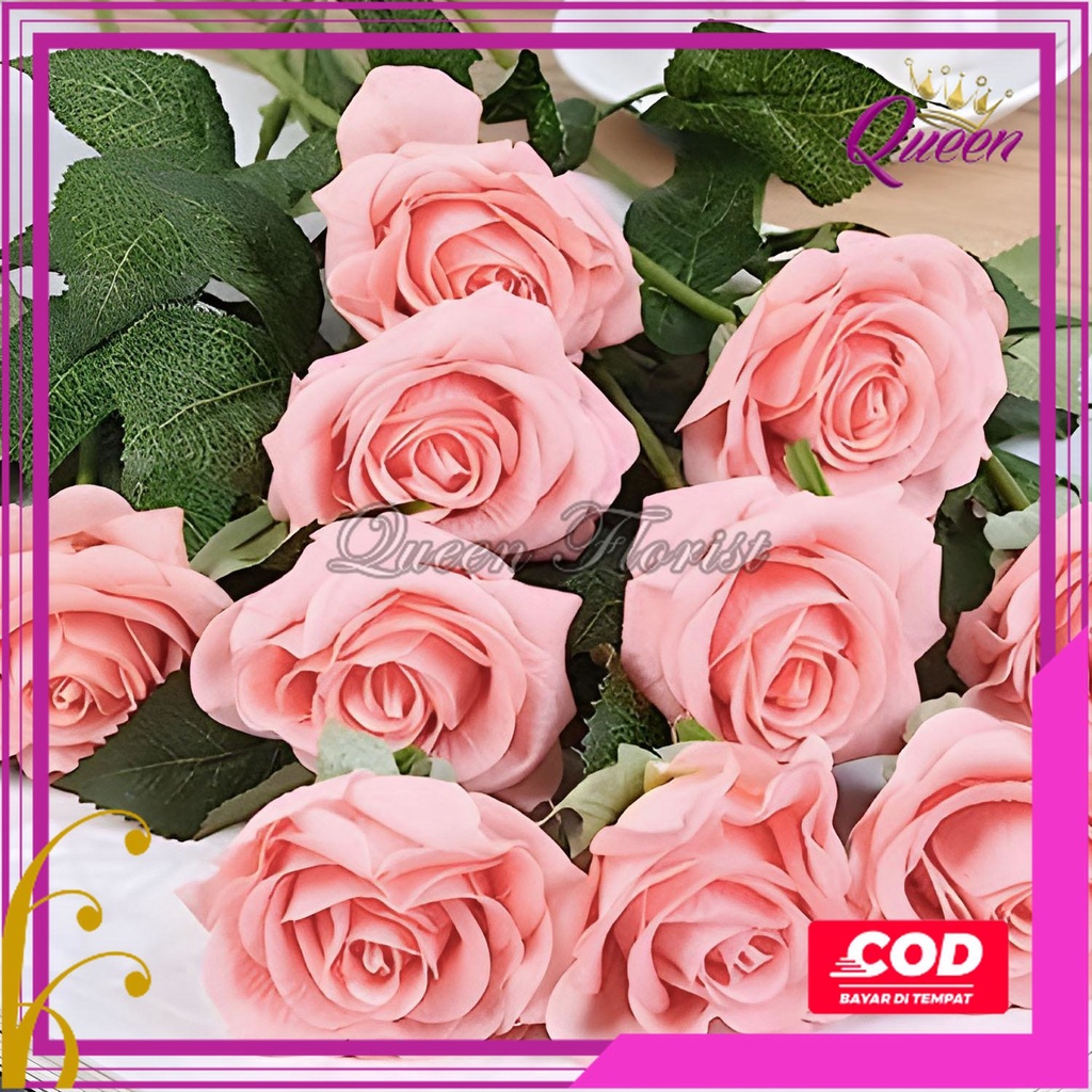 Rose Single Kain - 1 Tangkai Panjang 50 CM Bunga Mawar Satuan Kain Artificial untuk Hiasan Buket Kamar Cafe Rumah Ruang Tamu dan Dekorasi Wedding Pernikahan Pelaminan Murah Import Berkualitas Artifisial