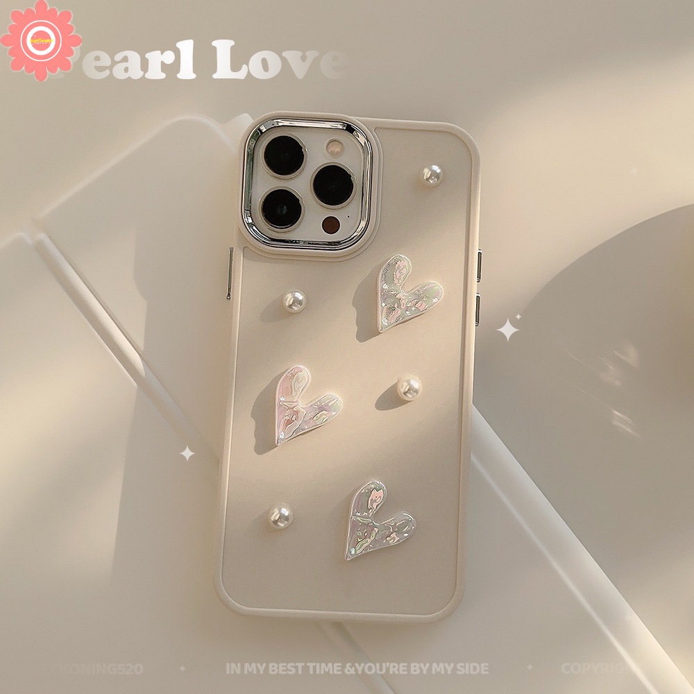 3D Pearl Romantic Love Heart Electroplate Case Compatible for IPhone 11 13 14 12 Pro Max 7plus 8plus XR X 7 8 14 Plus XS MAX Luxury Solid Color Plating Shockproof Soft Case