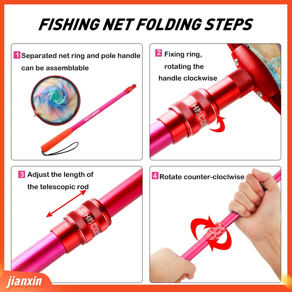 (In Stock) Jaring Celup Memancing Fleksibel Teleskopik Aluminium Alloy Collapsible Mesh Landing Dip Net Head Alat Pancing Untuk Outdoor