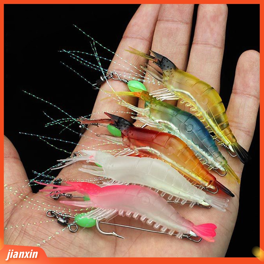 (In Stock) 5Pcs 9cm Luminous Udang Palsu Lembut Silikon Umpan Pancing Dengan Manik-Manik Kait Putar