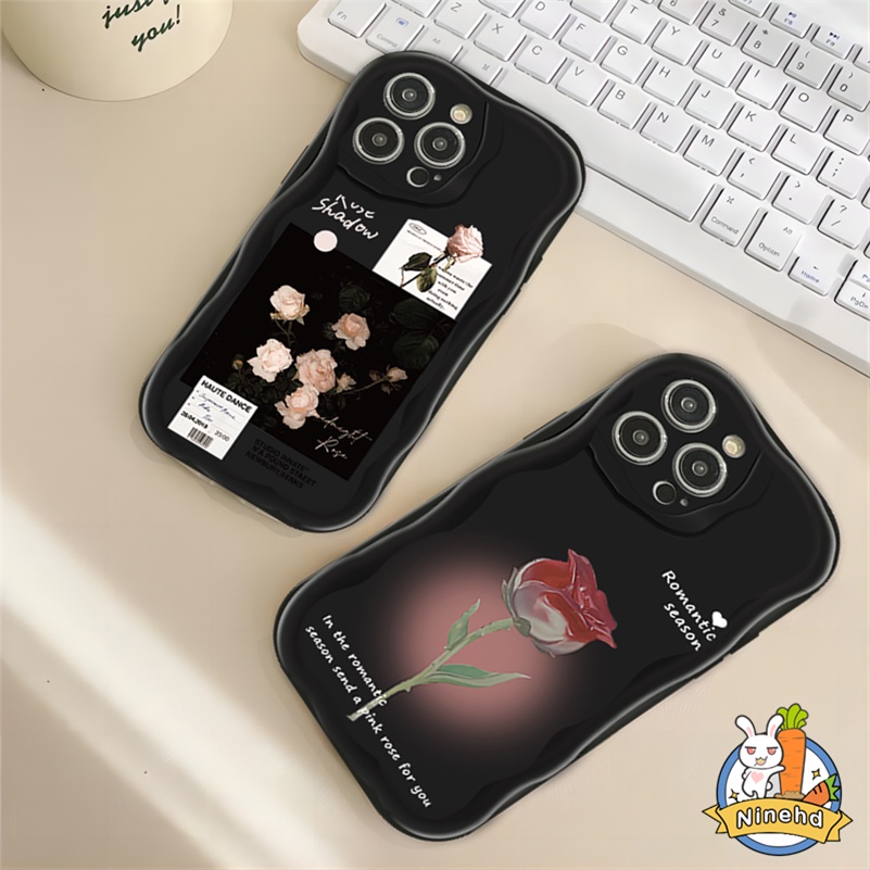 IPHONE Art Rose Flower Splicing Label Phone Case Kompatibel Untuk Iphone14 13 12 11 Pro Max X Xr Xs Max 8 7 6 6s Plus SE 2020hitam Silikon Shockproof Bumper Tepi Melengkung Soft Case Cover