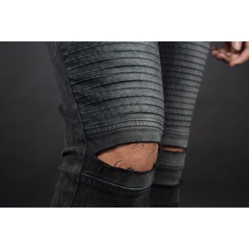 Weird Jeans  - Biker Dush Black - Celana Jeans Pria Sobek Skinny Slimfit Jeans