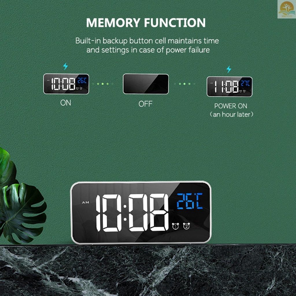 In Stock Jam Alarm Digital LED Untuk Kamar Tidur Jam Elektronik Dengan Termometer 2alarm Fungsi Tunda 4tingkat Kecerahan Jam Cermin Pengisian USB Untuk Meja Samping Tempat Tidur Kantor