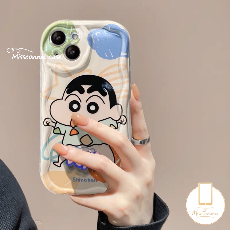 IPHONE Casing Ponsel Kartun Tepi Melengkung Bergelombang 3D Kompatibel Untuk Iphone11 13 14 12 Pro Max 7Plus X XR 78 6 6s Plus XS Max SE 2020krayon Lucu Shin-chan Shockproof Soft Cover