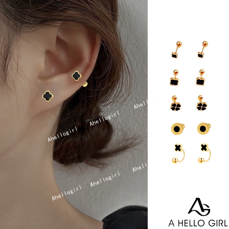 Ahellogirl Anting Tusuk Bentuk Clover Spiral Bahan Titanium Steel Emas Untuk Wanita