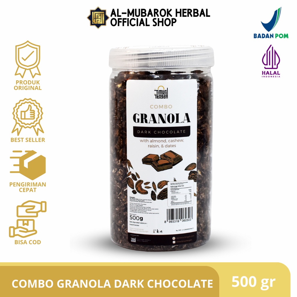 

Combo Granola Toples Dark Chocolate Premium 500 gram Timur Tengah Garnola Sereal Makanan Sehat High Quality Cemilan Diet Sarapan Sehat Oat Gandum Utuh Kismis Kurma Almond Mede Mete Rasa Coklat 500g