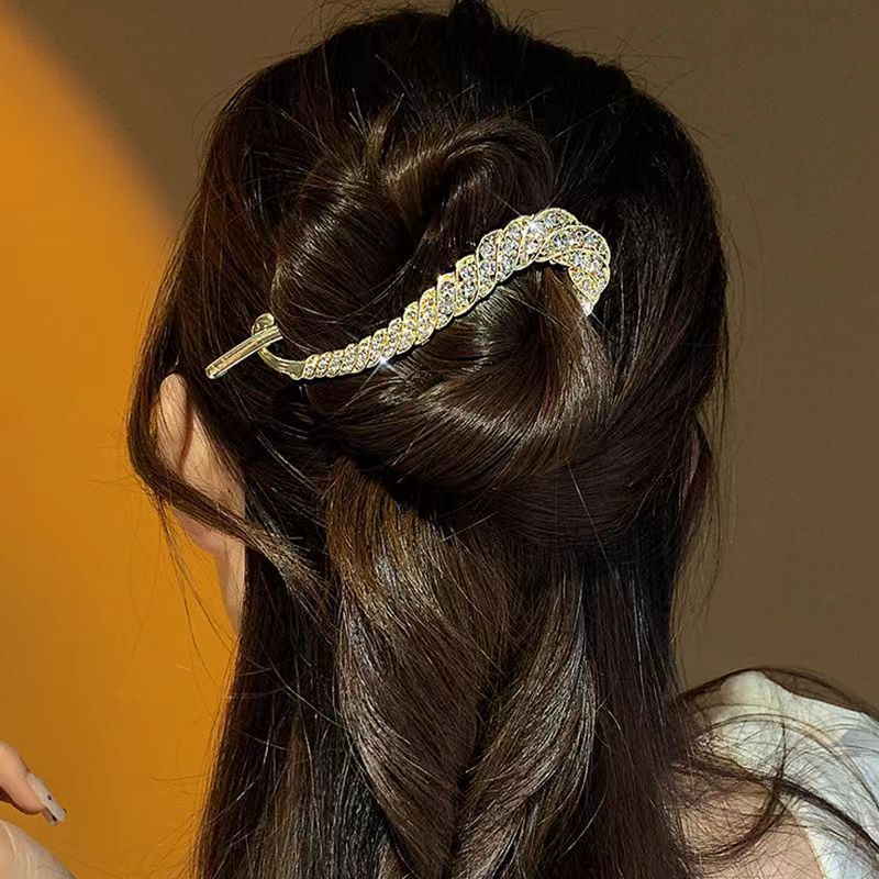 Elegan Wanita Besar Rambut Pin Pesta Pernikahan Halus Ponytail Holder Twist Clip Alloy Hiasan Kepala Hadiah Aksesoris Rambut Korea INS Style Populer Berlian Imitasi Mengkilap Gandum Jepit Rambut