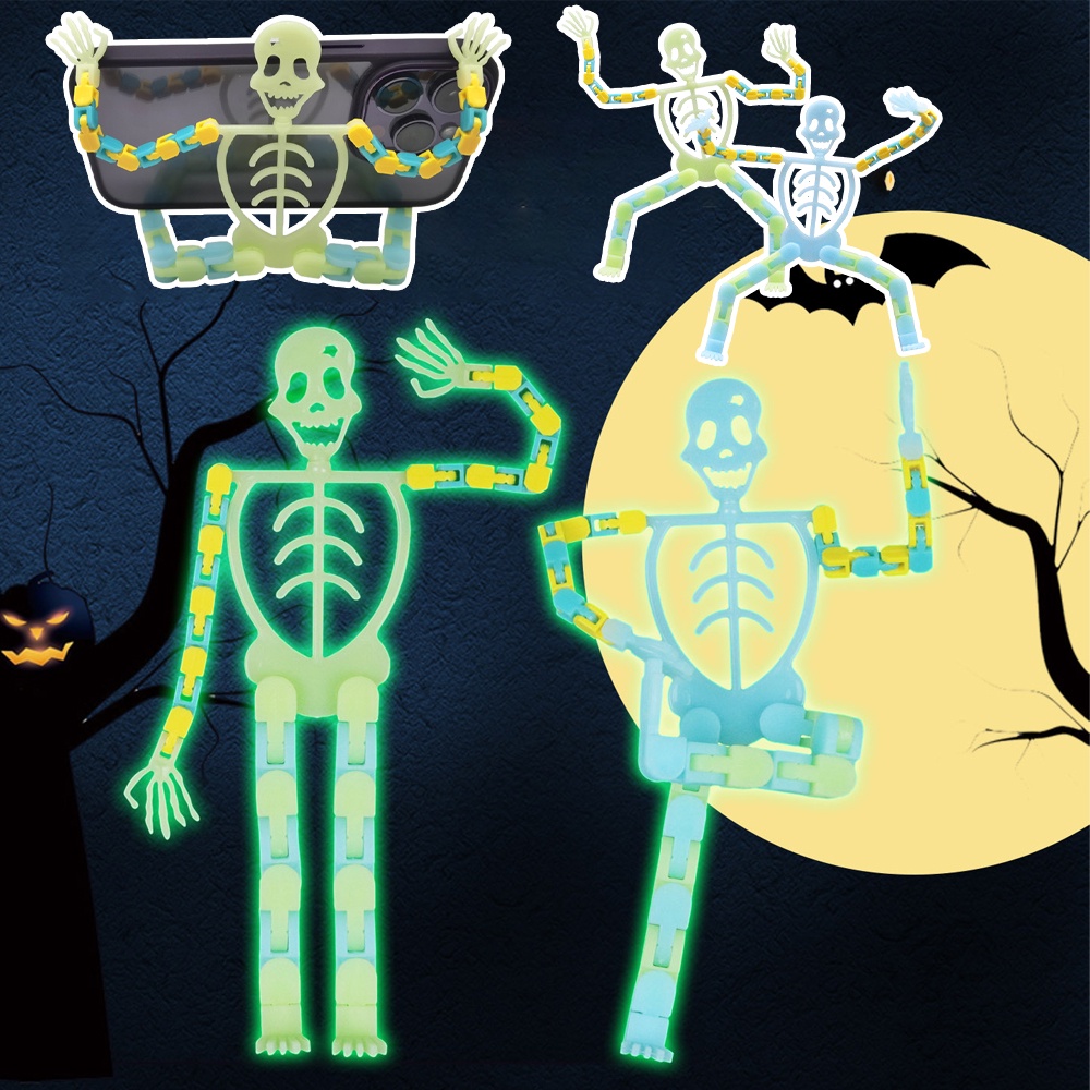 Halloween Novelty Luminous Human Skeleton Toy/Kreatif DIY Fluorescent Skull Mainan Dengan Stand Ponsel/Anti-Stres Blok Bangunan Hadiah Paty/Halloween Dressing Skeleton