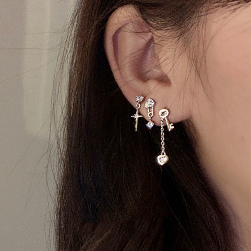 Papaozhu 1pasang Punk S925 Perak Berkilau Zirkon Peri Rumbai Kunci Anting Tindik Untuk Wanita Trendi Snowflake Cross Bow Ear Perhiasan Hadiah