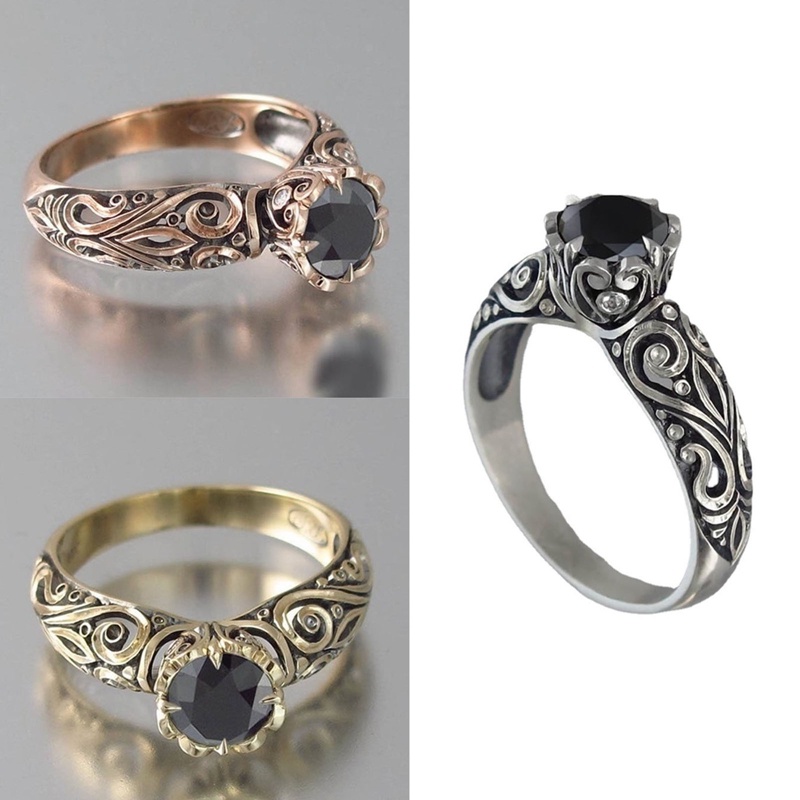 Gaya Vintage925 Perak Karat Bulat Berlian Hitam Fashion Indah Pertunangan Pernikahan Cinta Cincin