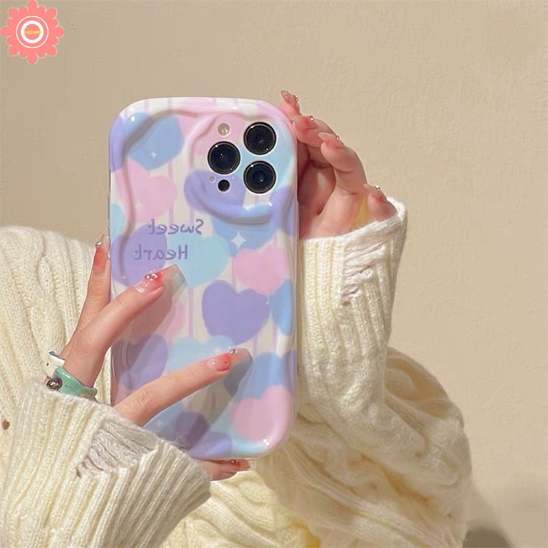 IPHONE Ins Lukisan Cat Minyak Cinta Hati Casing Kompatibel Untuk Iphone11 13 12 14 Pro Max XR 7plus 6s 6 7 8 Plus X XS Max SE 2020 3D Wavy Curved Edge Soft Tpu Shockproof Airbag Glossy Case