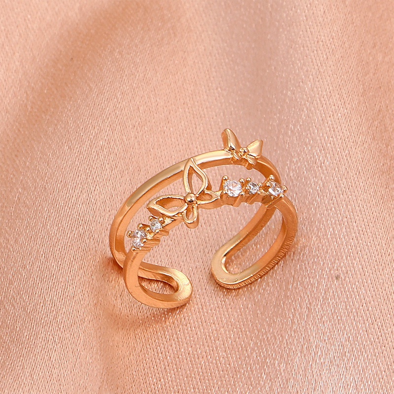 Korea S925 Sterling Perak Rose Gold Berlian Kristal Kupu-Kupu Lapisan Ganda Terbuka Cincin Untuk Wanita Fashion Tembaga Rings