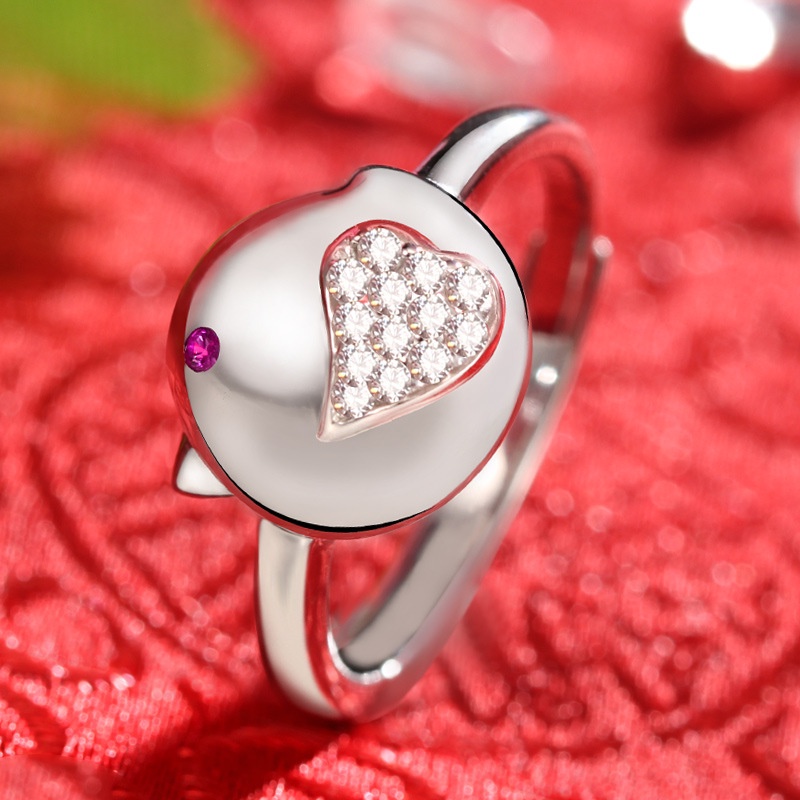 Goldkingdom Aksesoris Perhiasan Fashion Ready Stock Cincin Zodiak Perak, Cincin Terbuka Ayam Cinta Mulut Hidup Wanita