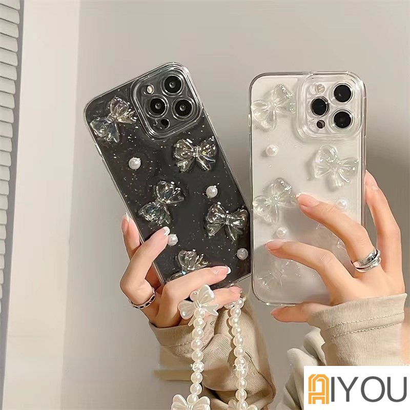 Soft Case 3D Laser Bow Glitter Bening Mewah Untuk iPhone 13 Pro Max12 11 Mini X XS XR 78 Plus SE 2020 Bling Transparan Cover