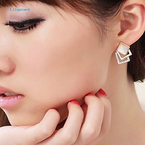 Lilyscent 1pasang Wanita Fashion Elegan Ear Stud Berongga Persegi Perhiasan Nada Emas Anting