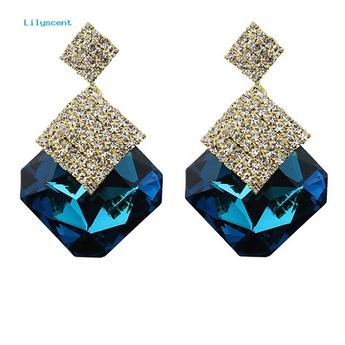 Lilyscent Wanita Fashion Mewah Berkilau Besar Persegi Berlian Imitasi Pendant Drop Earrings