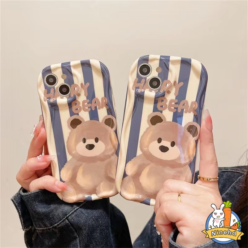 IPHONE Casing Kompatibel Untuk Iphone14 13 12 11 Pro Max X Xr Xs Max8 7 6 6s Plus SE 2020 Fashion Garis Biru Beruang Ponsel Case Perlindungan Lensa Shockproof Bumper Silikon Cover Pelindung