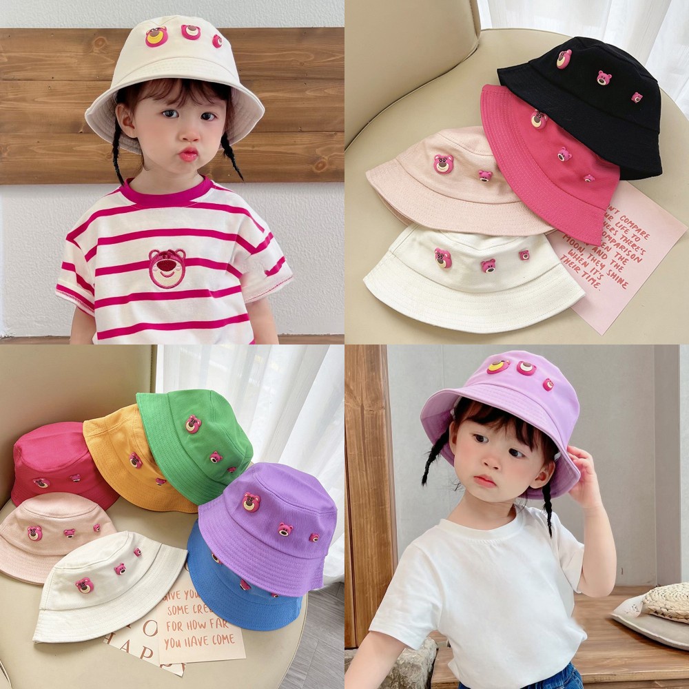 Pola Beruang Strawberry Lucu Anak-Anak Topi Nelayan Warna Permen Musim Panas Outdoor Kerai Cap