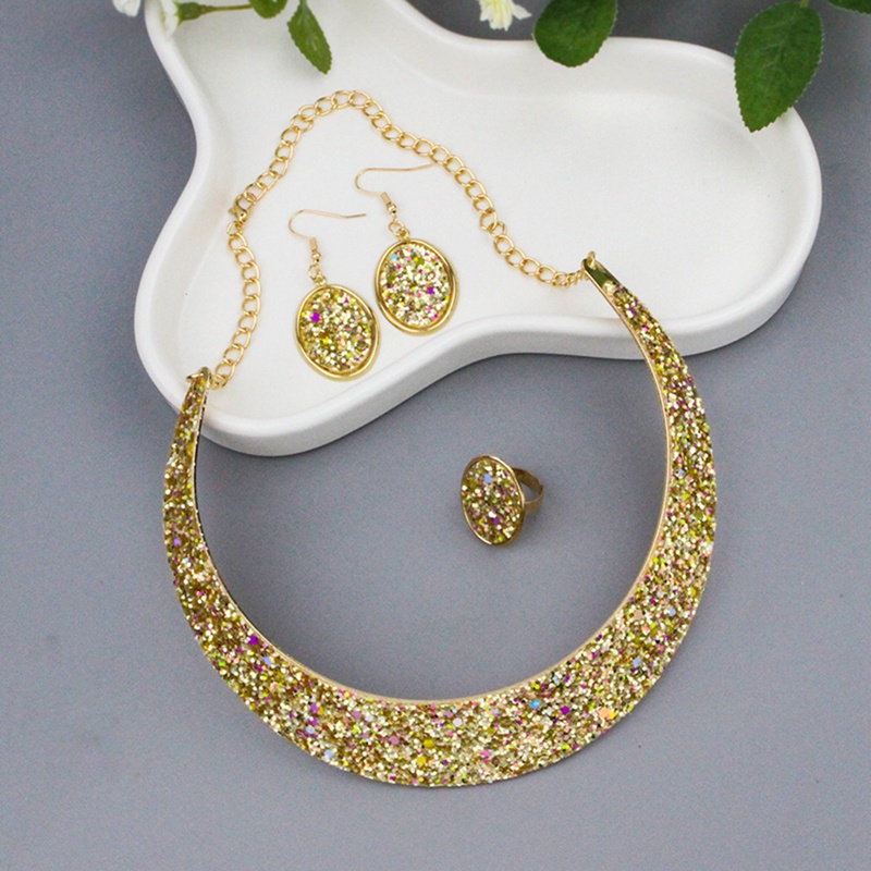 Temperamen Eropa Dan Amerika Perhiasan Pengantin Mengkilap Paduan Bertatahkan Berlian Penuh Perhiasan Pernikahan Kalung Cincin Anting Set