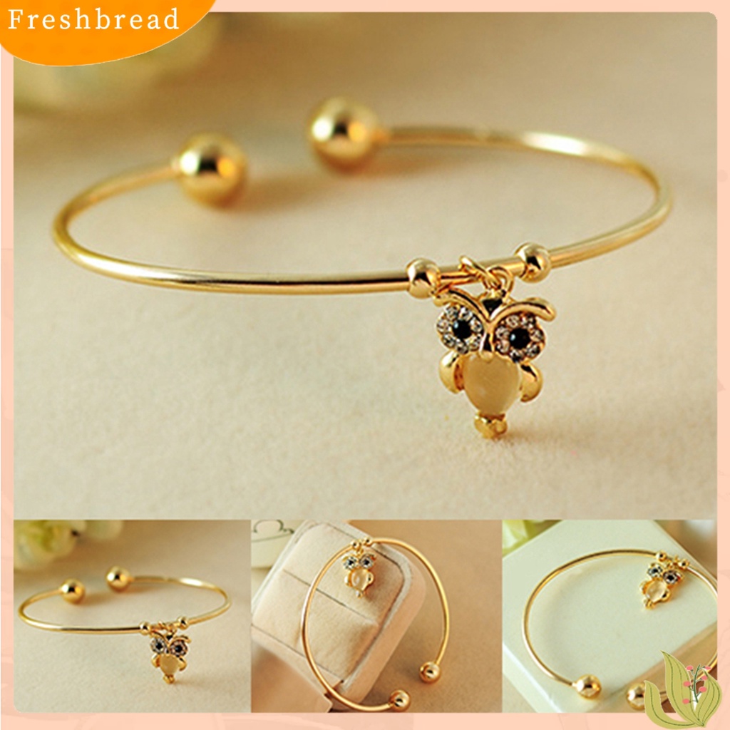 &lt; Freshbread &gt; Fashion Wanita Burung Hantu Berlian Imitasi Opal Imitasi Berlapis Emas Cuff Gelang Bukaan Bangle