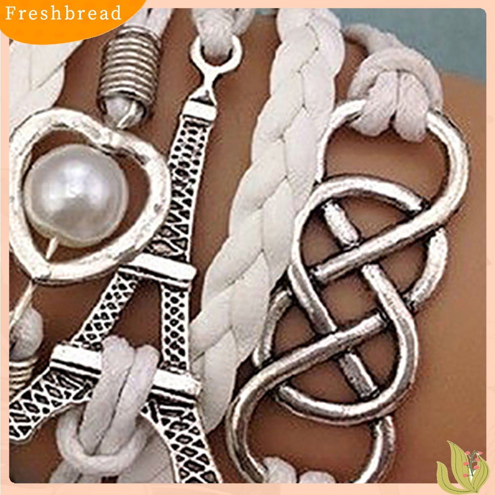 &lt; Freshbread &gt; Wanita Chic Dikepang Multilayer Cinta Hati Menara Eiffel Gelang Kulit Imitasi