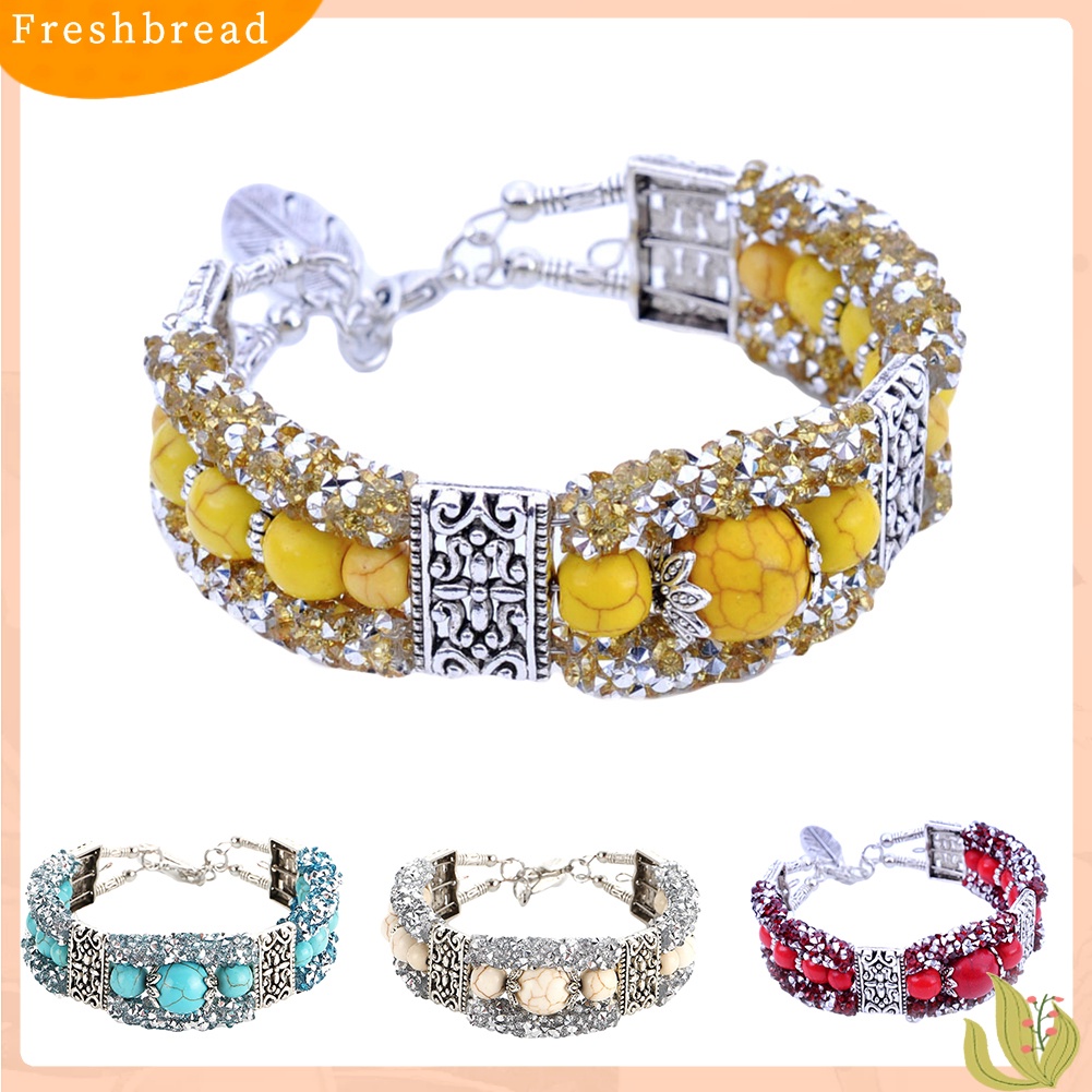 &lt; Freshbread &gt; Vintage Wanita Faux Turquoise Beads Berlian Imitasi Diukir Gelang Bangle Perhiasan