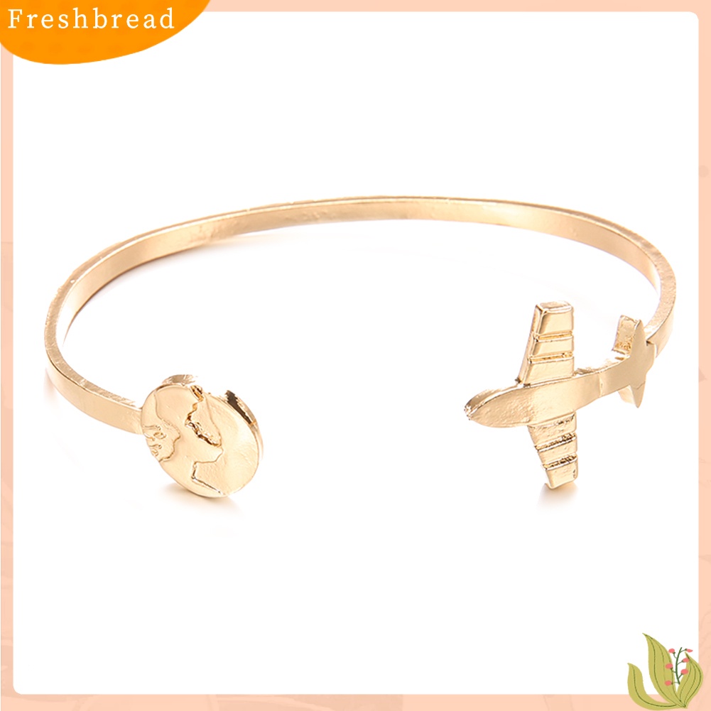 &lt; Freshbread &gt; 2Pcs/Set Wanita Map Plane Open Bangle Gelang Rantai Pergelangan Tangan Hias Perhiasan