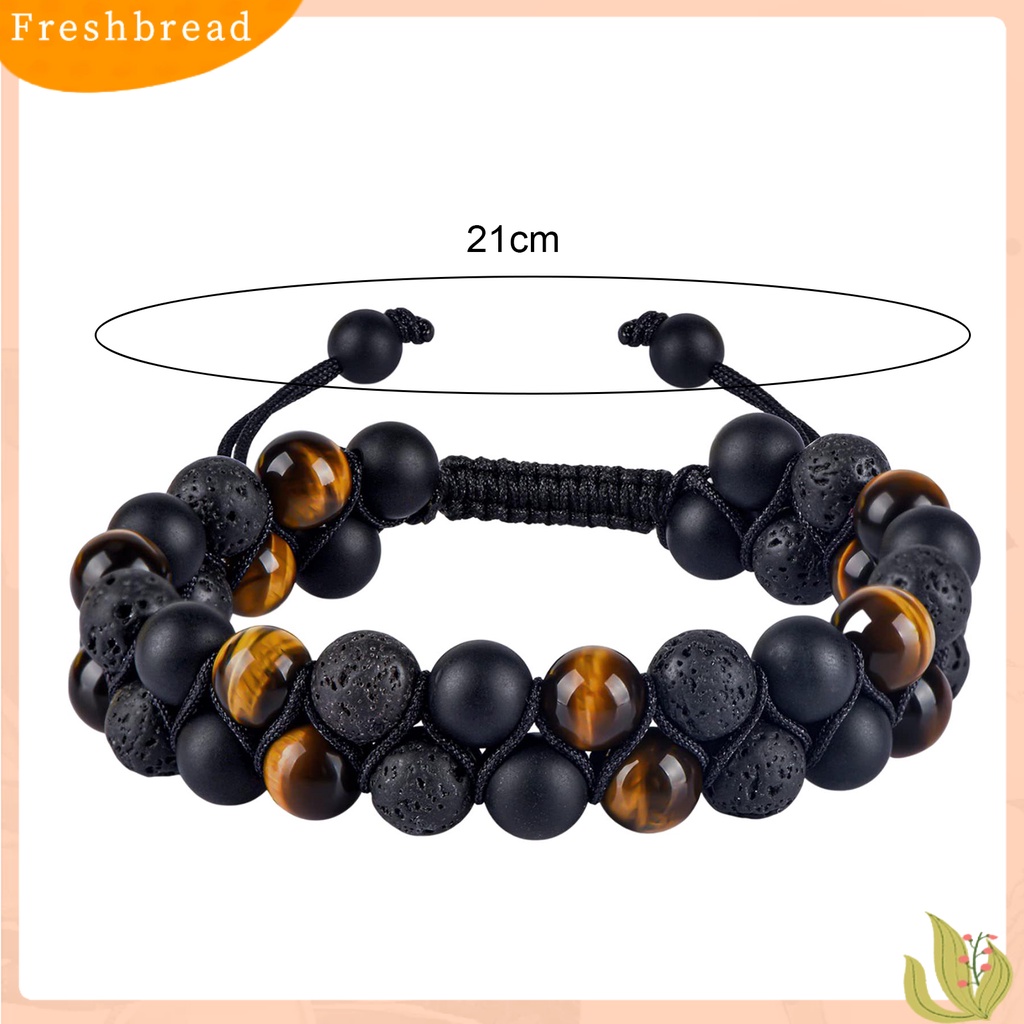 &lt; Freshbread &gt; Gelang Pria Dikepang Tali ic Double Layer Adjustable Serut Kepribadian Hias Tiger Eye Faux Rock Stone Pria Gelang Perhiasan Aksesori