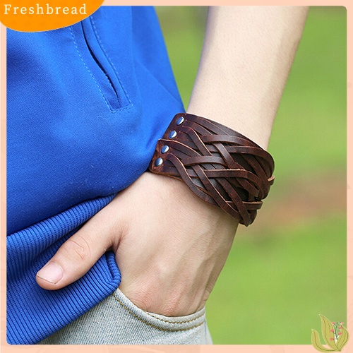 &lt; Freshbread &gt; Wanita Pria Gaya Punk Keren Kulit Bangle Rajut Manset Lebar Handmade Gelang