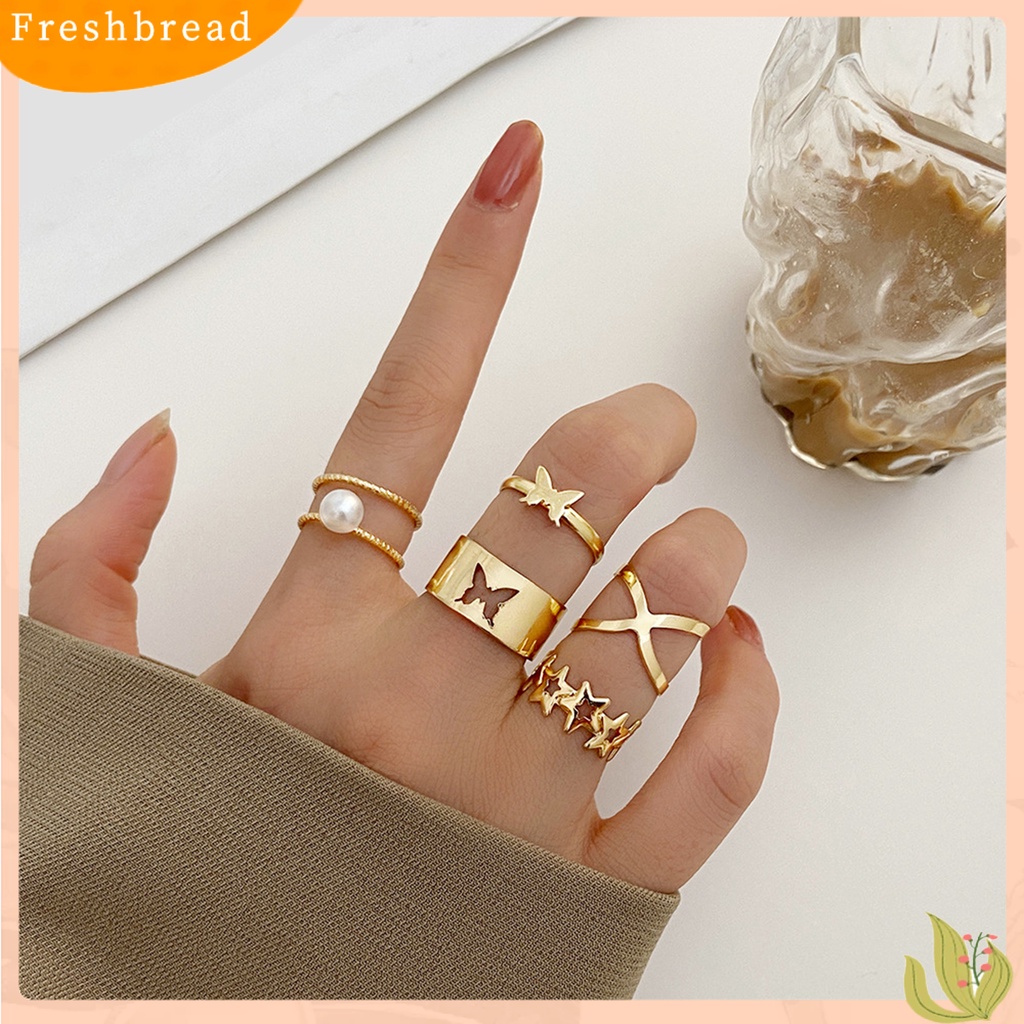 &lt; Freshbread &gt; 5Pcs Cincin Jari Berongga Keluar Bintang Kupu-Kupu Perhiasan Vintage Stackable Rings Untuk Pakaian Sehari-Hari