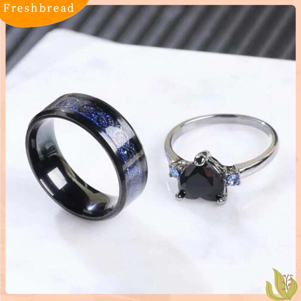 &lt; Freshbread &gt; 2Pcs/Set Cincin Pasangan Permukaan Halus Lebar Paduan Hati Permata Imitasi Garis Biru Jari Rings Pesona Perhiasan