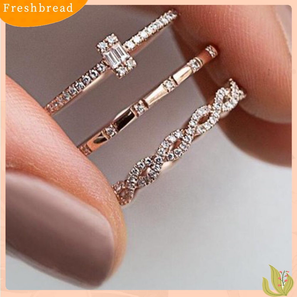 &lt; Freshbread &gt; 3Pcs/Set Criss Cross Cubic Zirconia Bertatahkan Cincin Susun Perhiasan Pengantin Pernikahan