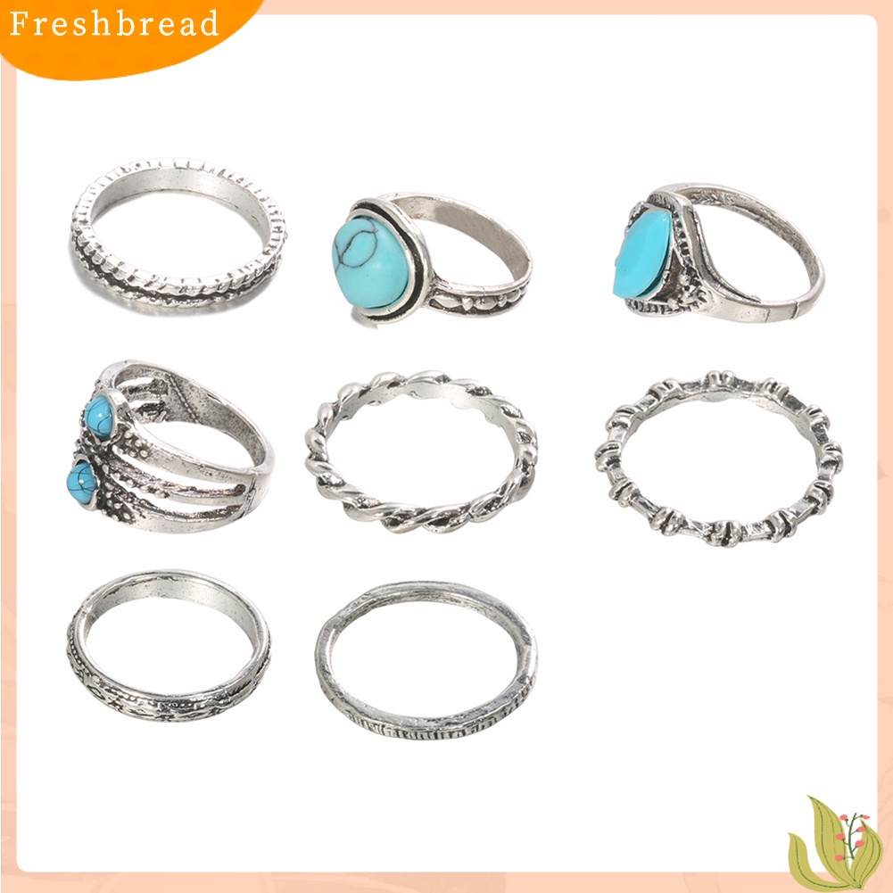 &lt; Freshbread &gt; 8Pcs Wanita Retro Bohemian Imitasi Turquoise Hias Lingkaran Jari Cincin Perhiasan Hadiah