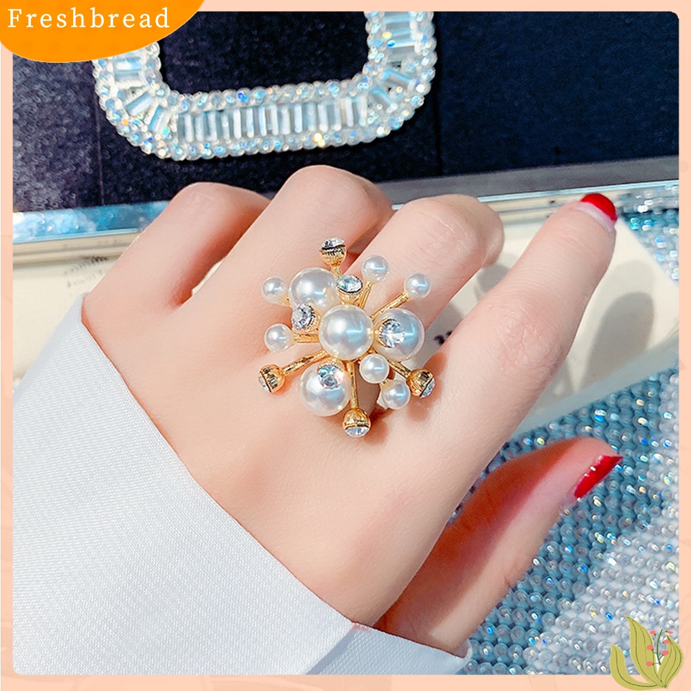&lt; Freshbread &gt; Bentuk Snowflake Mutiara Imitasi Hias Berlian Imitasi Wanita Terbuka Cincin Jari Perhiasan