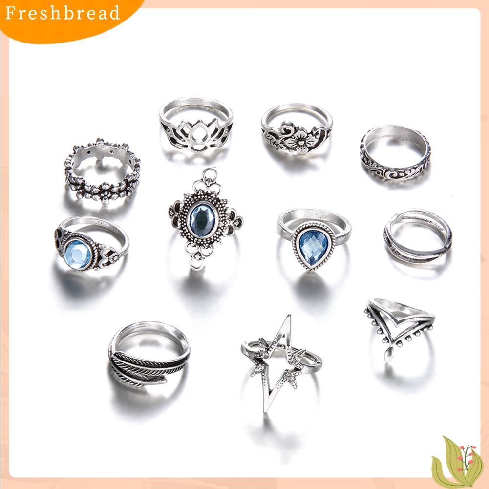 &lt; Freshbread &gt; 11 Pcs Wanita Retro Berongga Berlian Imitasi Knuckle Midi Ujung Jari Susun Cincin Bersama