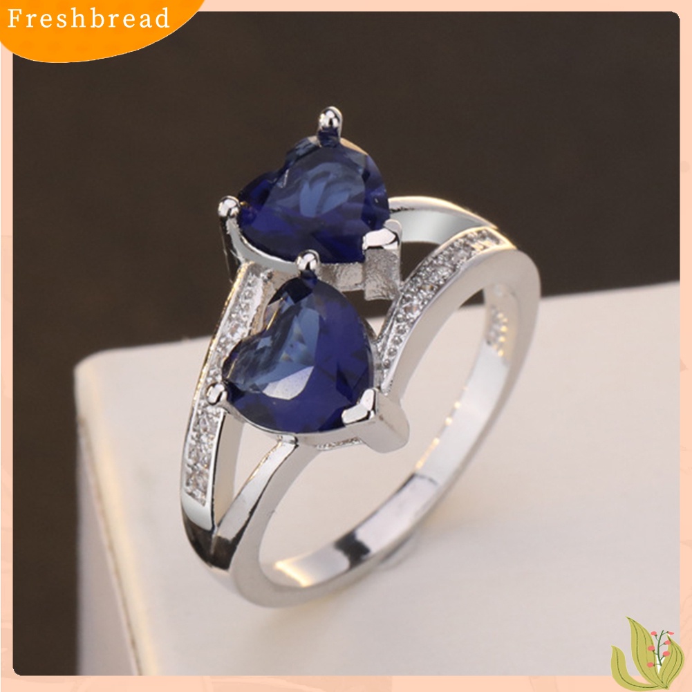 &lt; Freshbread &gt; Wanita Fashion Ganda Bentuk Hati Cubic Zirconia Hias Jari Cincin Perhiasan Hadiah