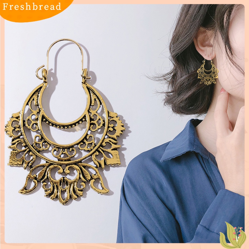 &lt; Freshbread &gt; Vintage Wanita Setengah Lingkaran Berongga Keluar Terukir Berlebihan Anting Perhiasan Hadiah