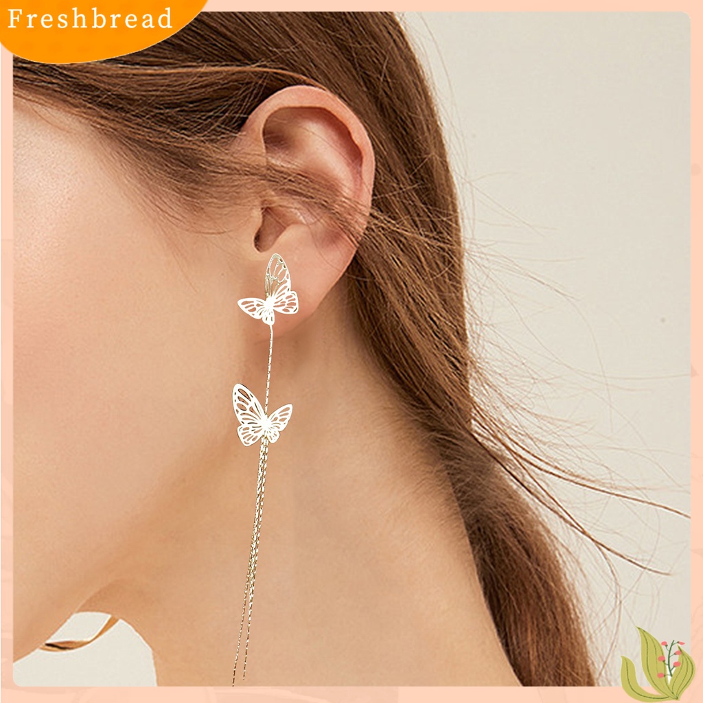 &lt; Freshbread &gt; Menjuntai Anting Rumbai Panjang Hias Lapisan Ganda Temperamen All-match Perhiasan Hadiah Logam Wanita Berongga Kupu-Kupu Liontin Drop Earrings Untuk Perjamuan