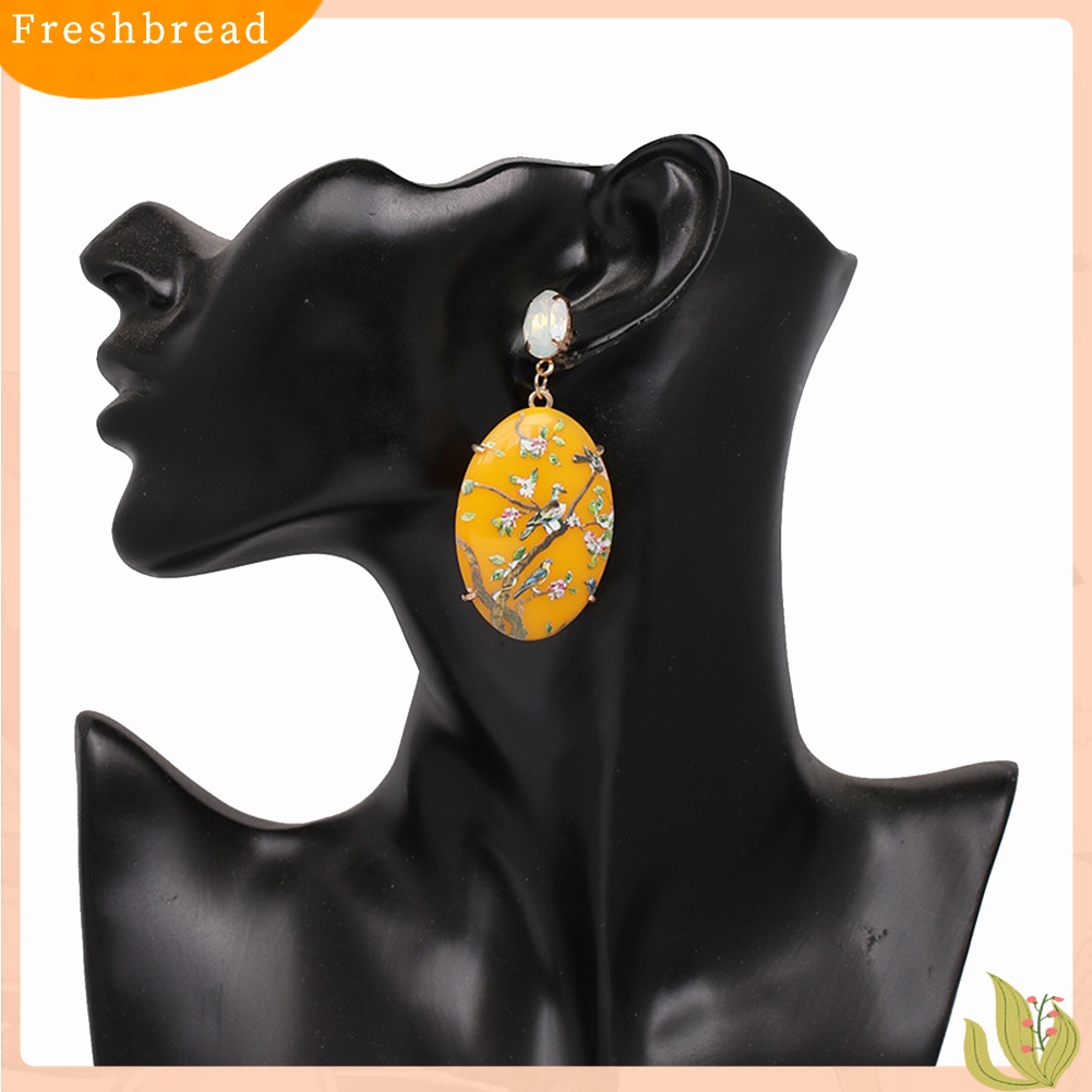 &lt; Freshbread &gt; Retro Wanita Bunga Oval Imitasi Batu Permata Menjuntai Anting Eardrop Pesta Perhiasan