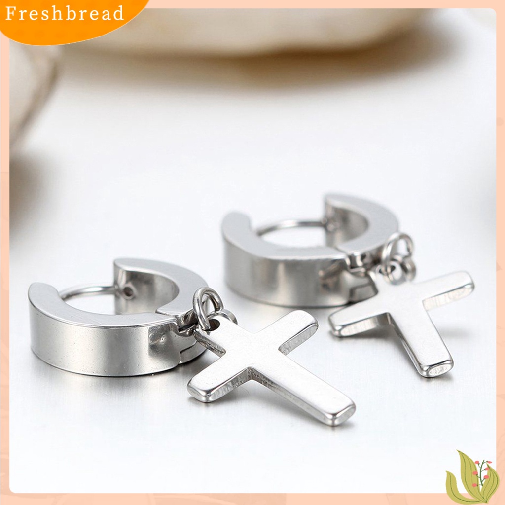 &lt; Freshbread &gt; 1pasang Ear Dangle Cross Pendant Anting Hoop Berengsel Huggie Stainless Steel Ramah Lingkungan Untuk Pria