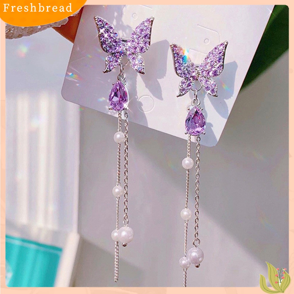 &lt; Freshbread &gt; 1pasang Anting Menjuntai Bentuk Kupu-Kupu Berlian Imitasi Indah Kelengketan Besar Drop Earrings Untuk Hadiah